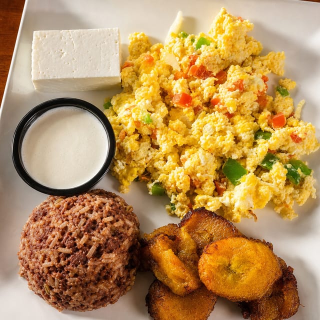 Plátanos, Frijoles, Queso, Crema y Huevos.